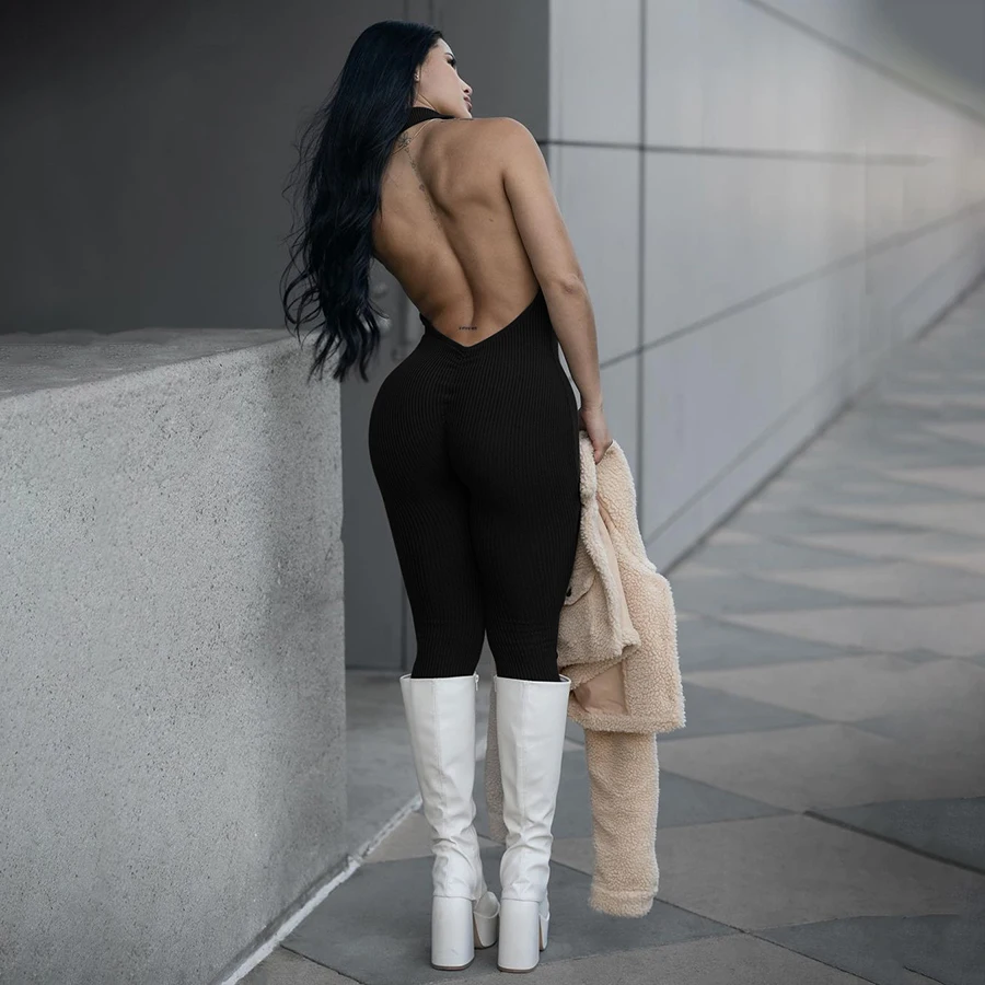 40867 Hot Sale Jumpsuit Workout Sleeveless V-Part Solid Color Backless Jumpsuits Women