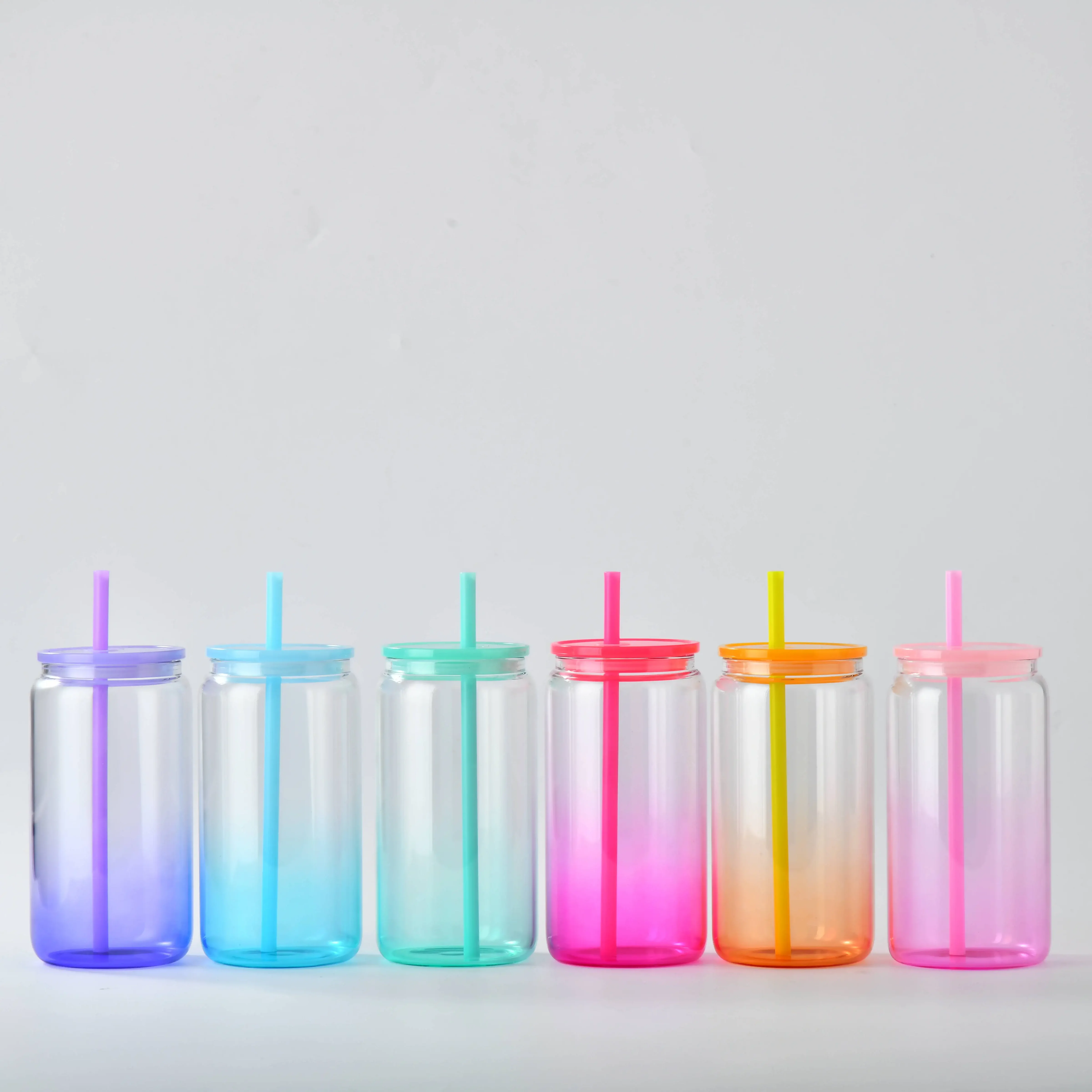 USA Warehouse stocked 16oz Clear Sublimation Blanks Transparent Candy glass can tumbler with coloful plastic lids and straw