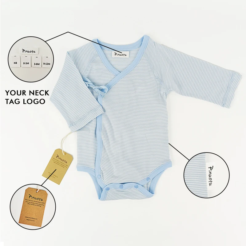 Pinuotu Baby Kimono Newborns Thin Bubble Romper Unisex Sky Blue Pinstripe Baby Onesie Infants Soft Wrap Tie Bodysuit