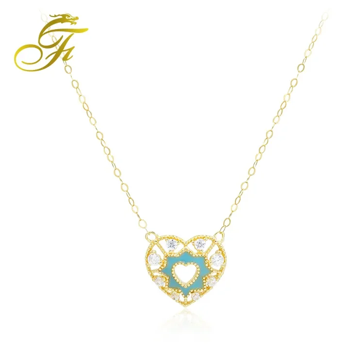 New women fashion gold jewelry inset vvs shiny stone enameled heart shaped 14k 18k gold pendant link 18k gold chain necklace