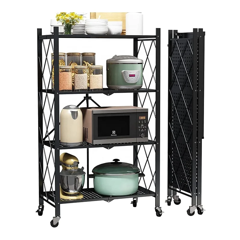 Foldable 4 Tier Heavy Duty Rack Metal Shelf Kitchen Shelving 4-Shelf Household Adjustable Folding Shelves