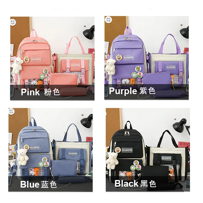 Custom Logo 5 Piece Set Cute Canvas Bag Hiking School Backpacks Trend School Bags for Teenagers Middle Book Bagpack School