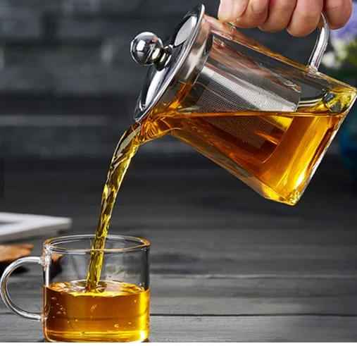 New design square shape pyrex glass teapot with handle and stainless steel infuser
