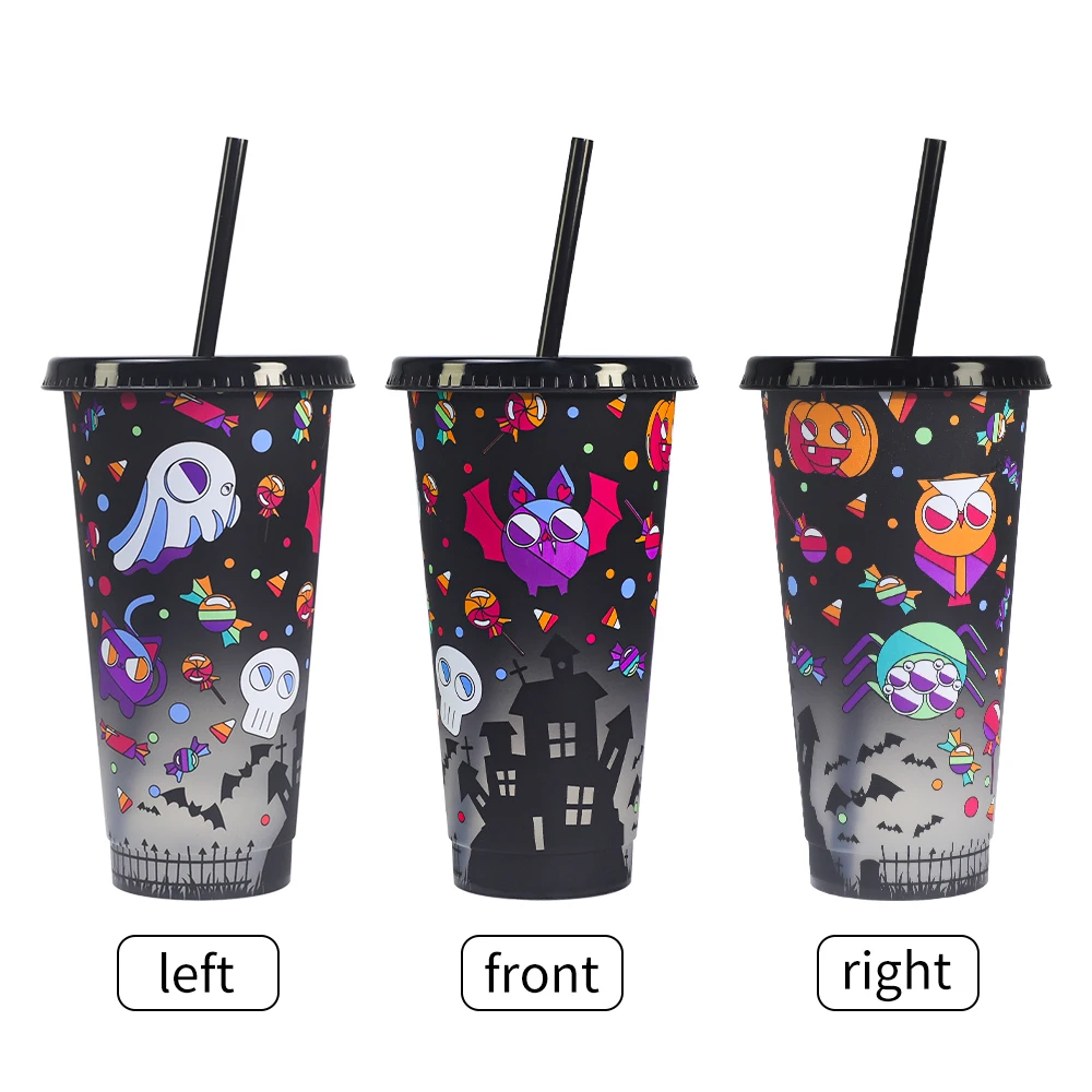 Magic tumbler sipper glass plastic Halloween Ghost magic cold colour black color changing cup with straw