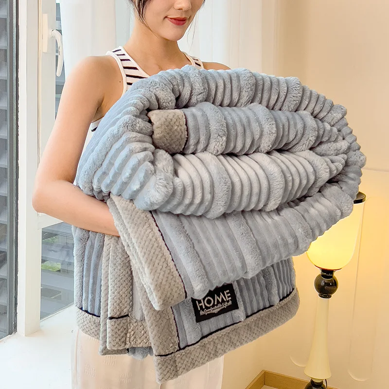 Ultra-Soft Striped Plush Faux Rabbit Fur Throw Blanket Luxurious, Warm, and Thick Polyester Winter Blanket For Sofa Couch Bed