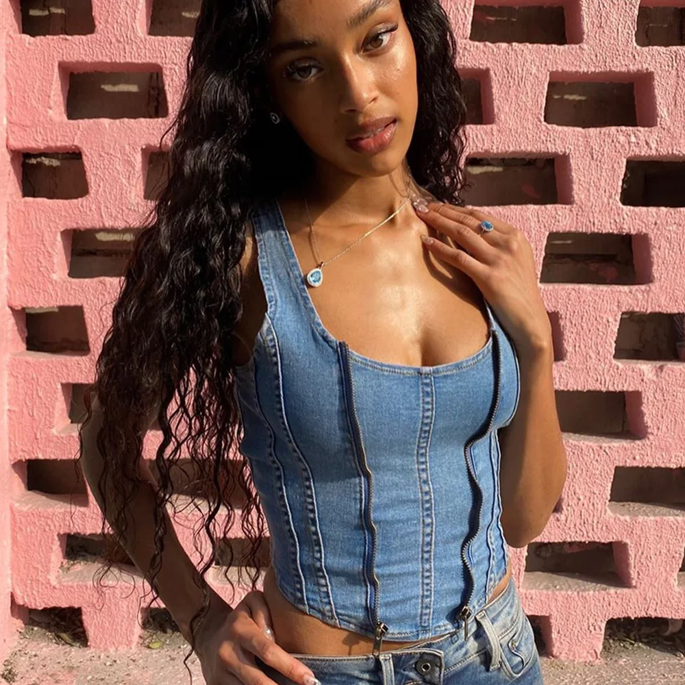 
Dolin 2021 Trendy Casual New Arrivals Solid Color Summer Sexy Zipper Patchwork Women Sleeveless U-Neck Denim Vest Top 