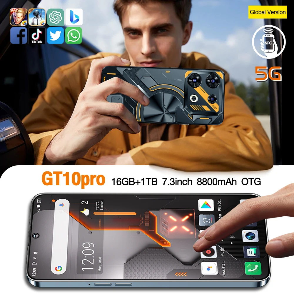 Оригинальный смартфон GT10 Pro 5g 16 ГБ + 1 ТБ 7 2 дюймов разблокированный мобильный телефон с двумя Sim-картами 10-ядерный 6800 мАч длительным режимом ожидания