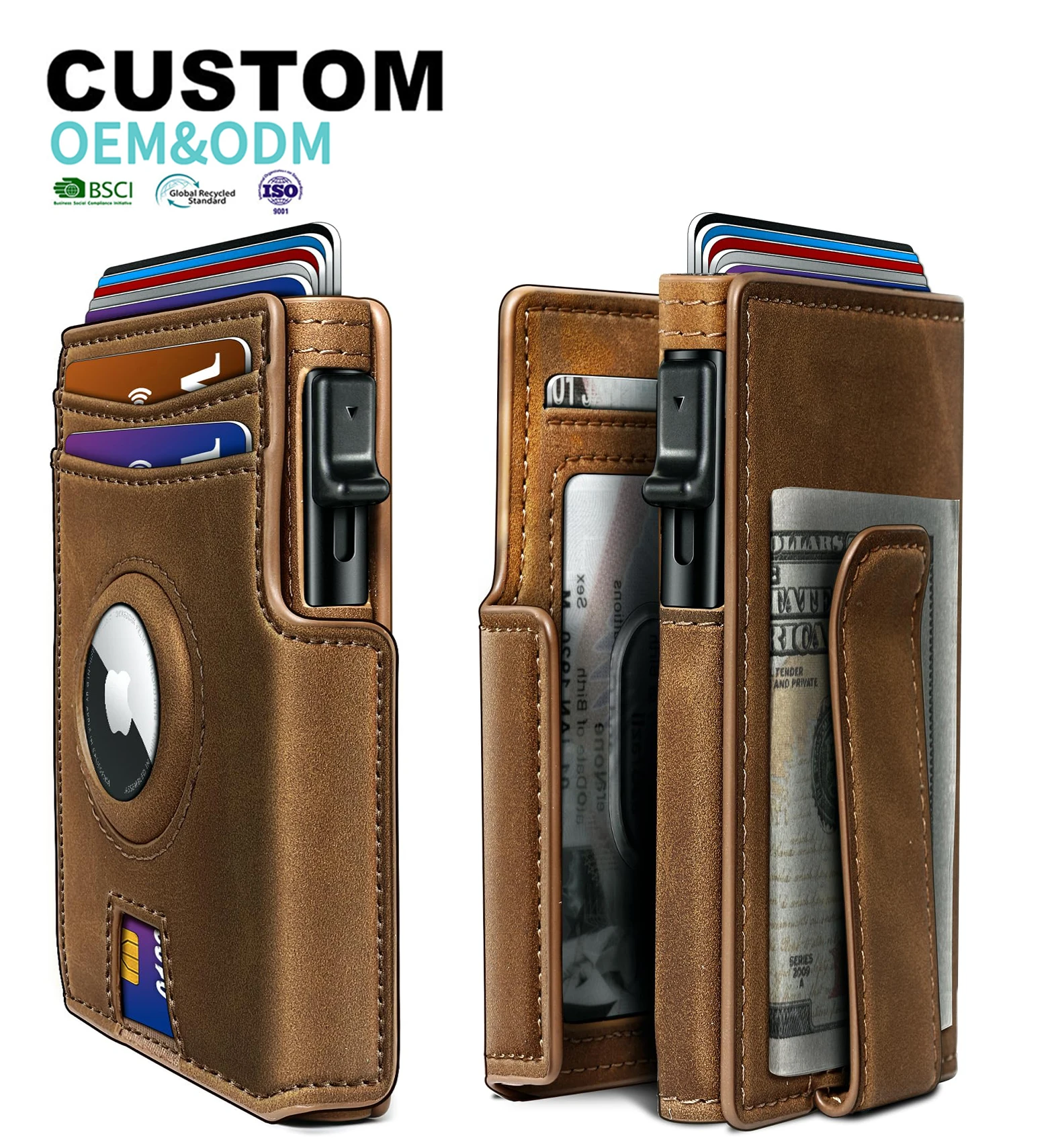 RFID Blocking Pop Up Metal Aluminum Card Box Wallet With Air Tag Slot Magnetic Front Pocket Genuine Leather Cardholders Wallet