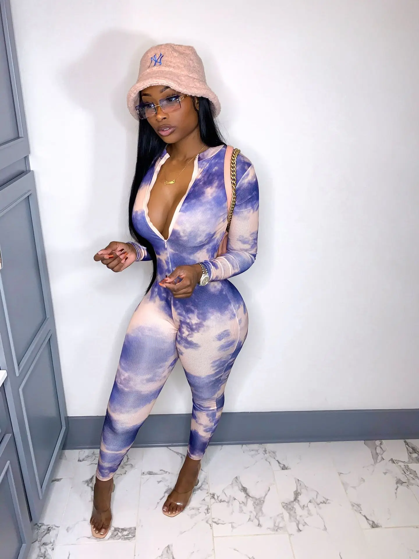 
DLL-86729 New arrival casaul bodycon rompers fall jumpsuits long sleeve one piece tie dye knitted women jumpsuit 