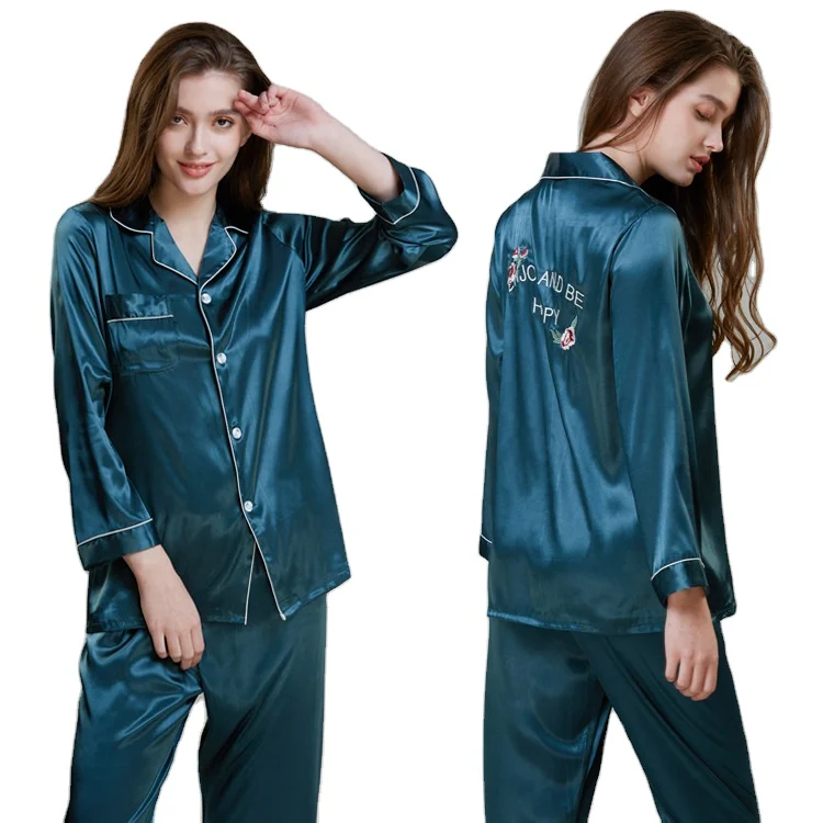 Простой стиль 19 мм шелковый атлас пижамы наборы для ухода за кожей повседневные платья с длинным рукавом, комплект для сна; Пижама; Женская шелковая сатиновая Ночная сорочка
