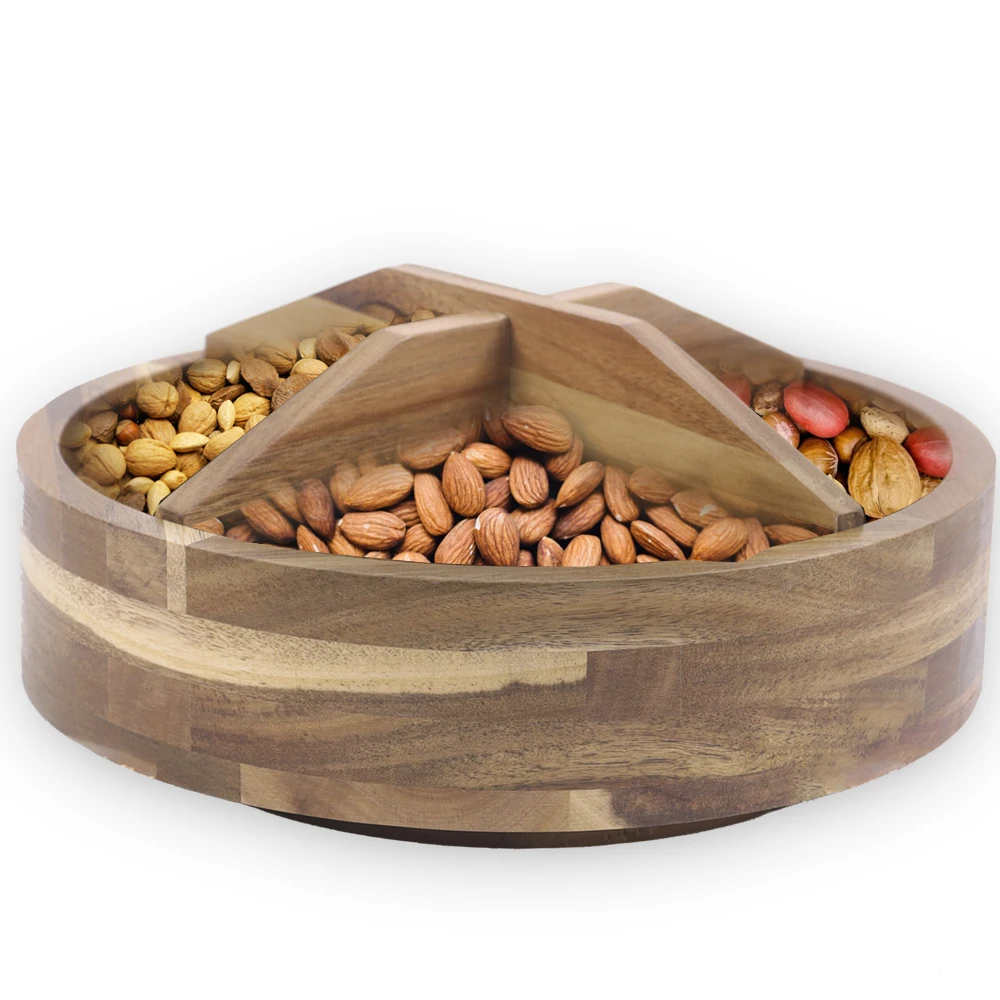 Acacia Lazy Susan Organizer with 4 Dividers - Wooden Lazy Susan Turntable for Table, Countertop - Kitchen Storage Food Bin