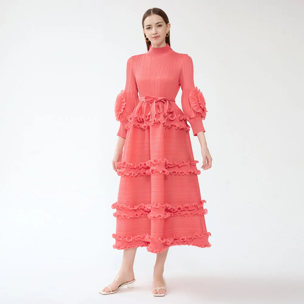 Custom Women High Quality Plus Size Solid Pleated Petal Sleeve Luxury Waisted Personality Madi Ladies Pleated Dress