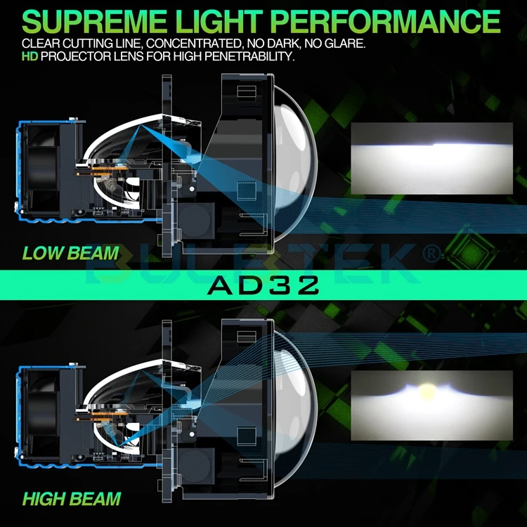 BULBTEK AD32 300W High Beam Low Beam 6000k 6500k Car BiLED 3.0 Inch Headlight Lens 30000lm Bi LED LED BiLED Projector Lens