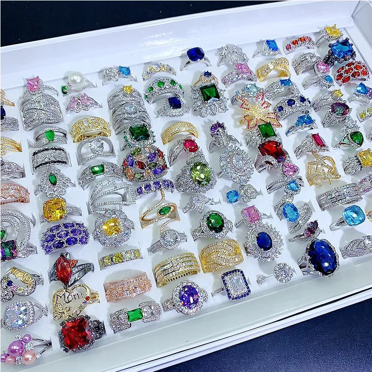 European and American light luxury beautiful crystal color zirconium ring micro-inlaid mark S925 silver gemstone explosion ring