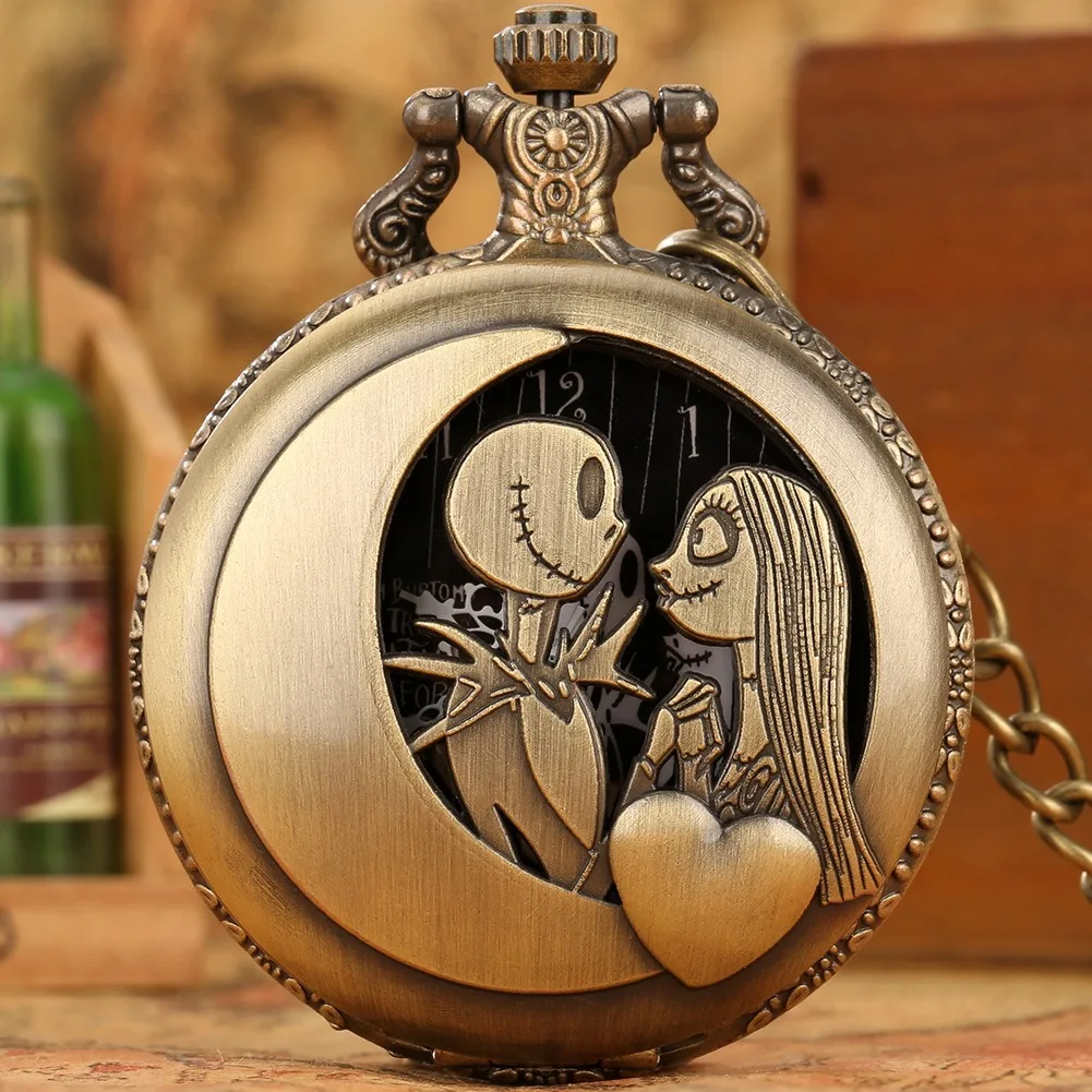 Vintage Stempunk Metal Pendant Watch Jack And Sally Necklace Clock Pocket Watch With Chain Bronze pocket watches for men gifts