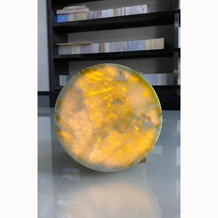 Green Onyx Jade Natural Stone Translucent Lumistone With Built-in Battery Round Coffe Table Top