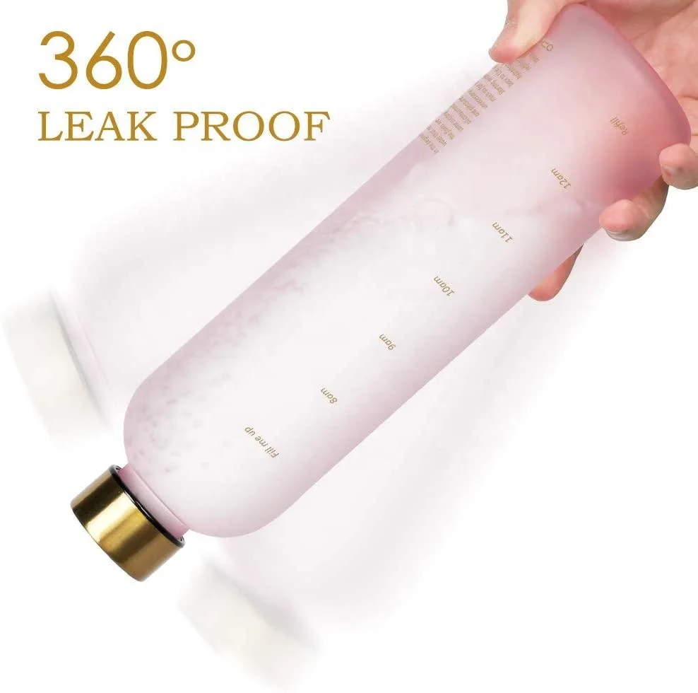 Gold clear frosted lead bpa free tritan plastic sports drink motivational water bottle 32oz 1000ml