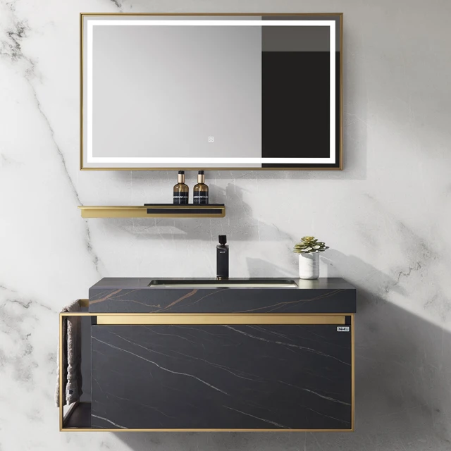 Европейский высококачественный современный дизайн, один раковина для ванной комнаты, большой шкаф для ванной комнаты с зеркалом и каменным чехлом для гостиниц