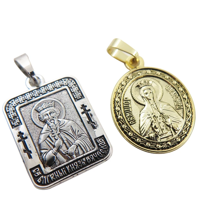 Wholesale china custom design deer logo ancient iron stamped antique nickel coating cross religious medals