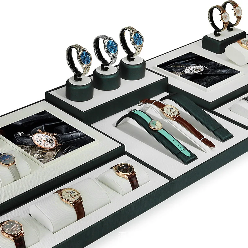 Wholesale Hot Sale black watch organizers showcase stand pu leather smart watch display tray with Acrylic hook