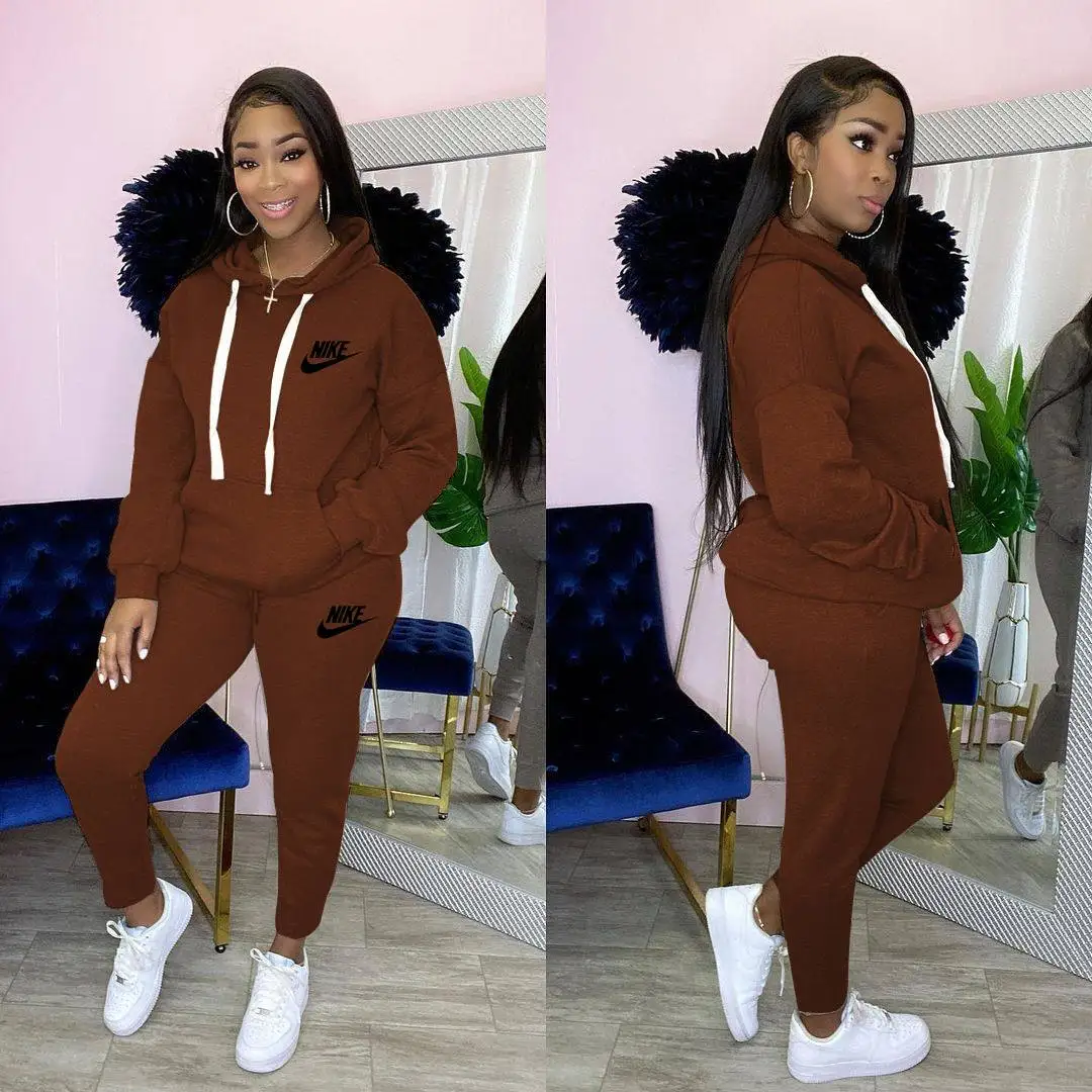 New Upgrade Nike High Quality Fall Pullover Solid Color Sweatsuit Women Joggers Sport Long Sleeve 2 Piece Hooded