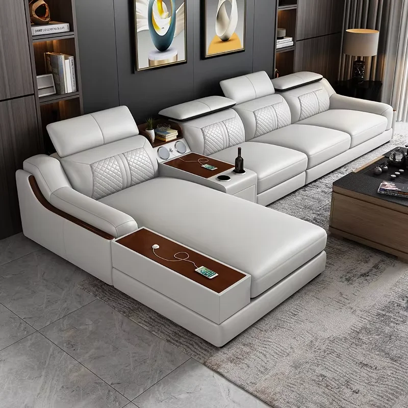 Italian modern multifunctional sofa light luxury Faux Leather sectional sofa couch with USB charging and bluetooth speaker