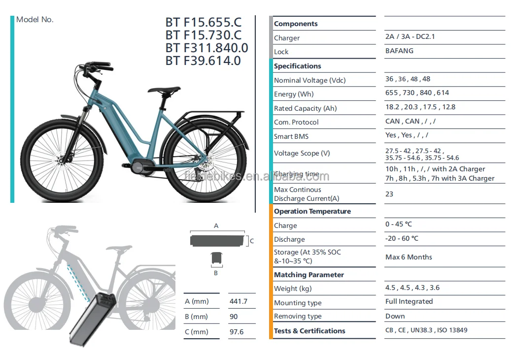 Bafang Rechargeable Li-ion battery Bafang BT F15/F311/F39 BT F25.820.C Battery Bafang 50.4V 16.2ah