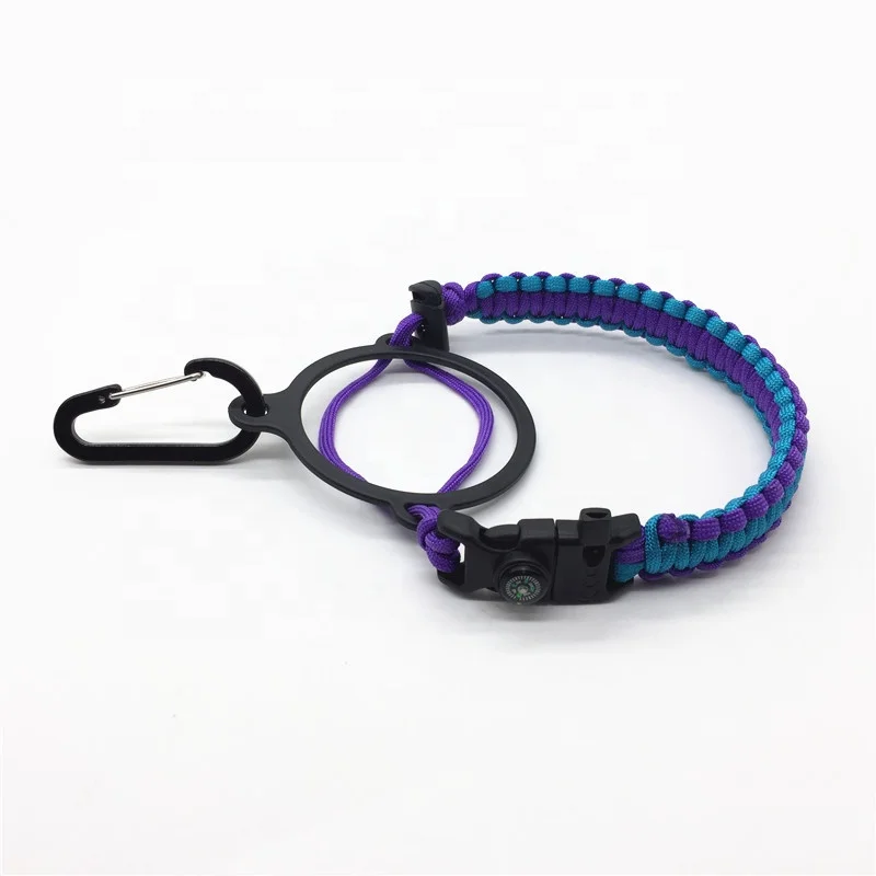 Blue paracord bottle handle with survival kit, compass, fire starter buckle for outdoor hiking camping walking