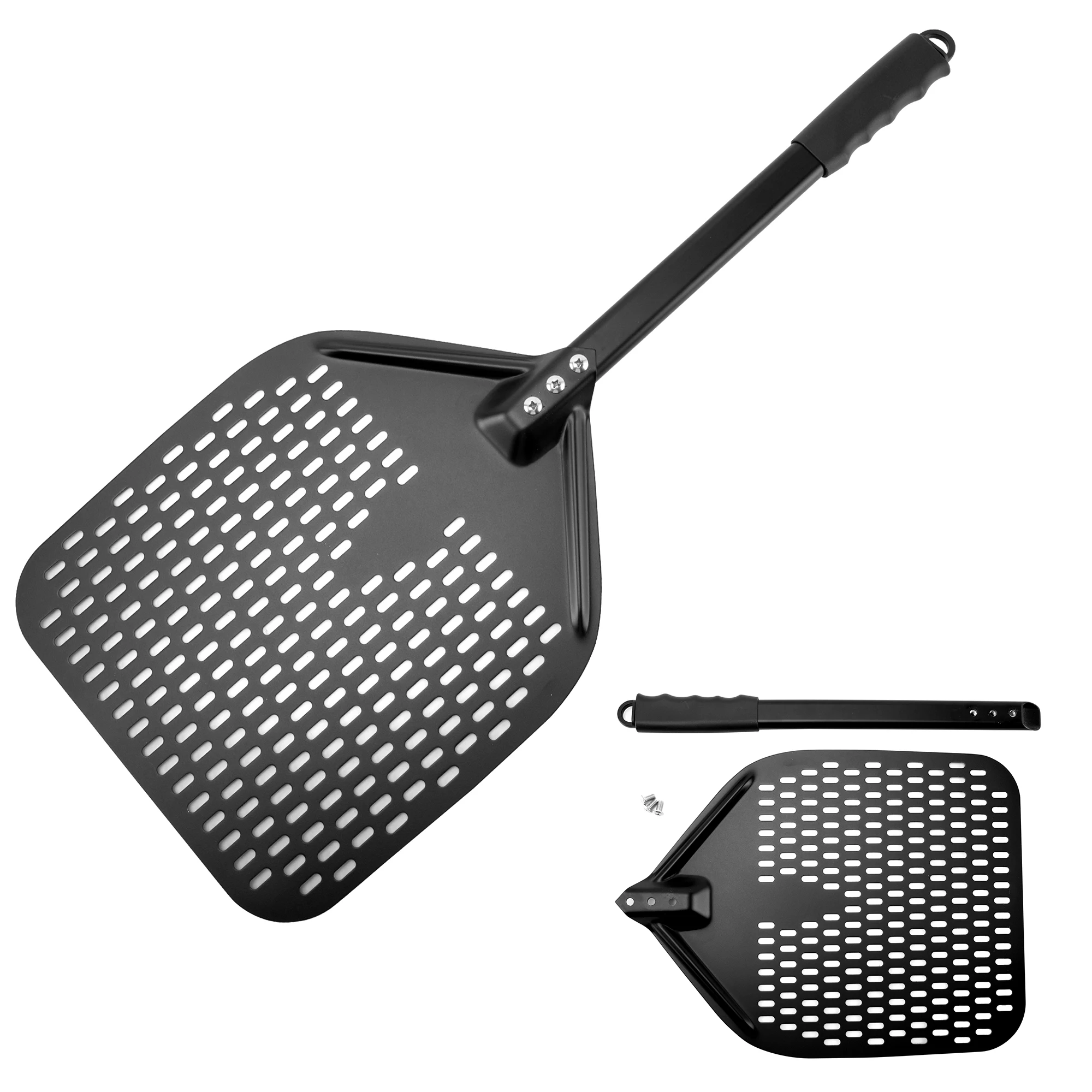 Уникальный дизайн, лопата для пиццы, квадратная перфорированная, с черным лезвием, съемная ручка, кожура для печи для пиццы для выпечки