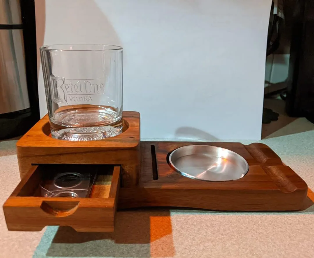Ashtray Coaster Whiskey Glass Tray Wooden Ash Tray with Cigar Cutter Slot Include Drawer