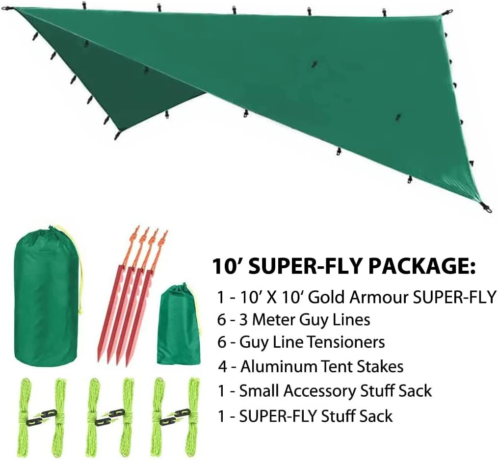 WOQI Outdoor Camping Family Tent Oxford Tarp Waterproof Lightweight Sun Protection Arm Green Tarp Rain Fly