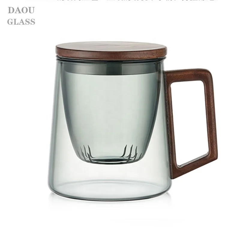 Popular personalized conical Clear Grey  glass tea cups come with strainers and solid wood LIDS and handles 400ml