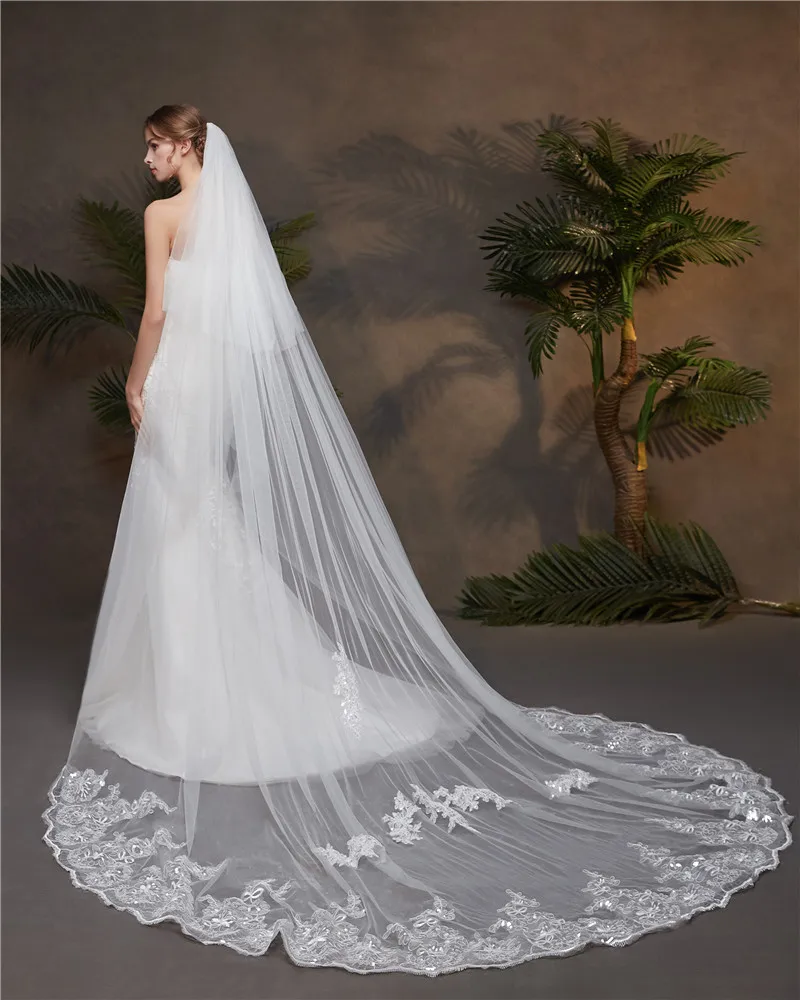 S1488R New double-layer veil with shiny lace bridal veil long with hair comb