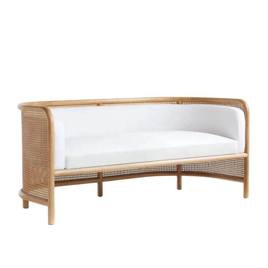 Lounge Sofa Chair Cane Settee with White Cushion Wood Frame Rattan event  wedding Chair