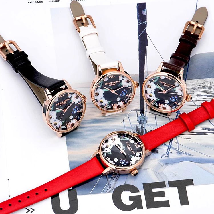 BOSHIYA  hot-selling Luxury Colorful Genuine Leather Band Womens Watches