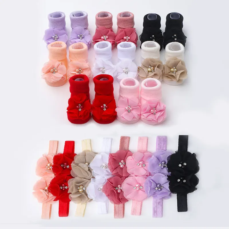 2024 Hot sale Children Girl Princess non-slip new born baby chiffon flower socks shoes and headband set