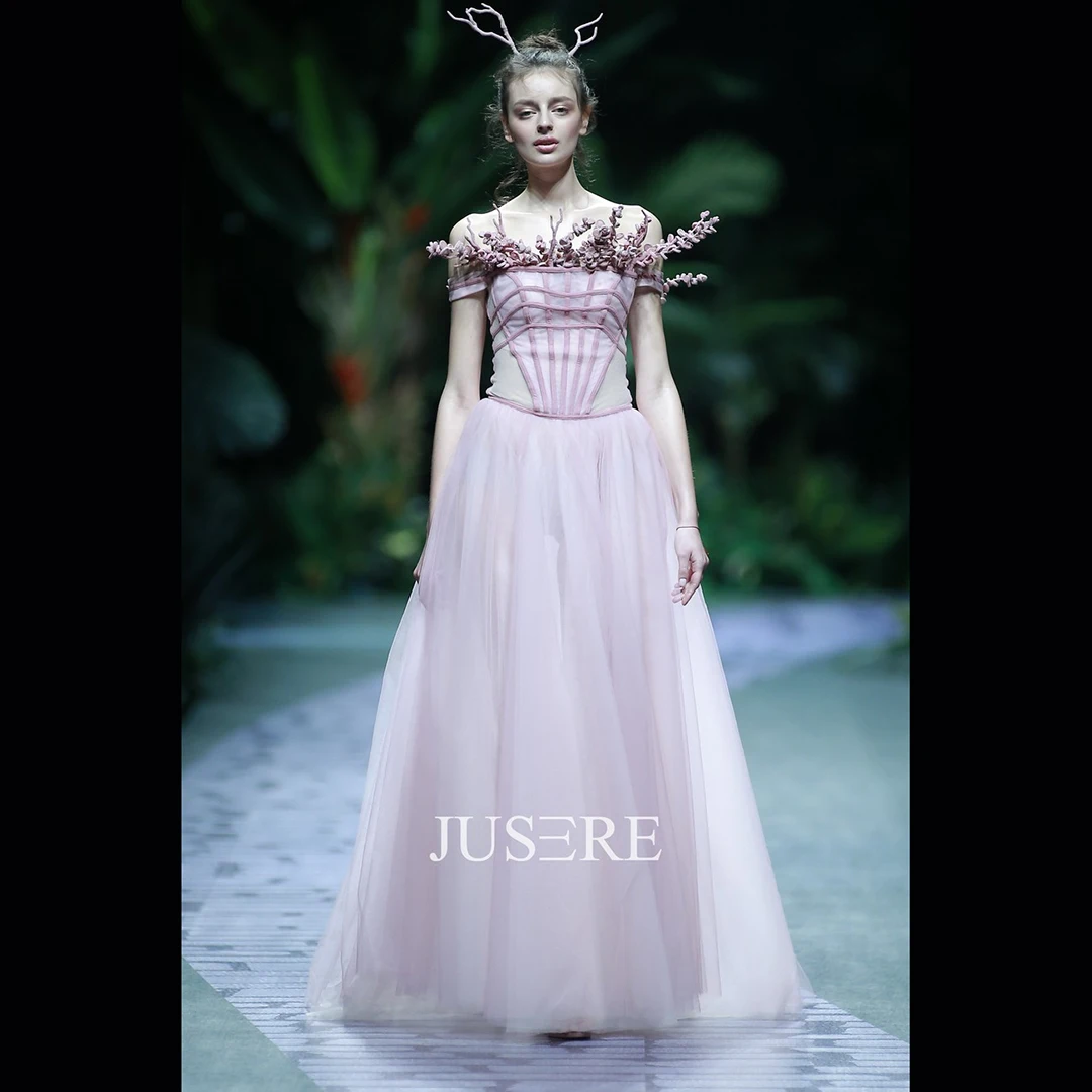 Jusere Fashion Show pink strapless pleated bodice aline evening dress prom gown