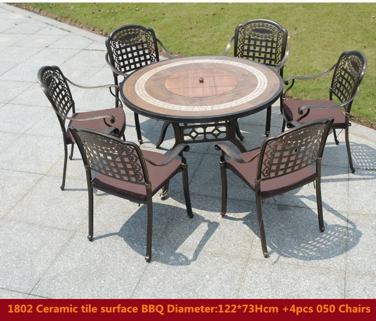 Round Wood Burning Garden Cast Aluminum Wrought Iron Furniture Outdoor Korean BBQ Grill Table and Chair Sets