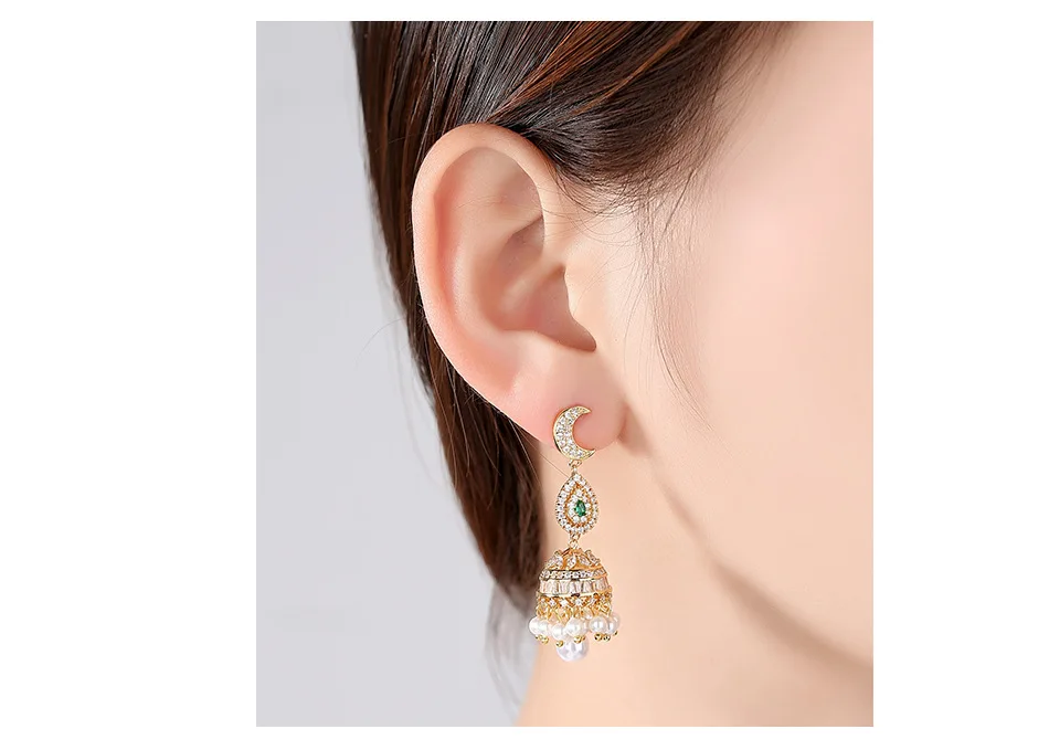 E-2017100514 Sale Well Gold Plated Long Drop Moon Water Drop Zircon Stud Earrings
