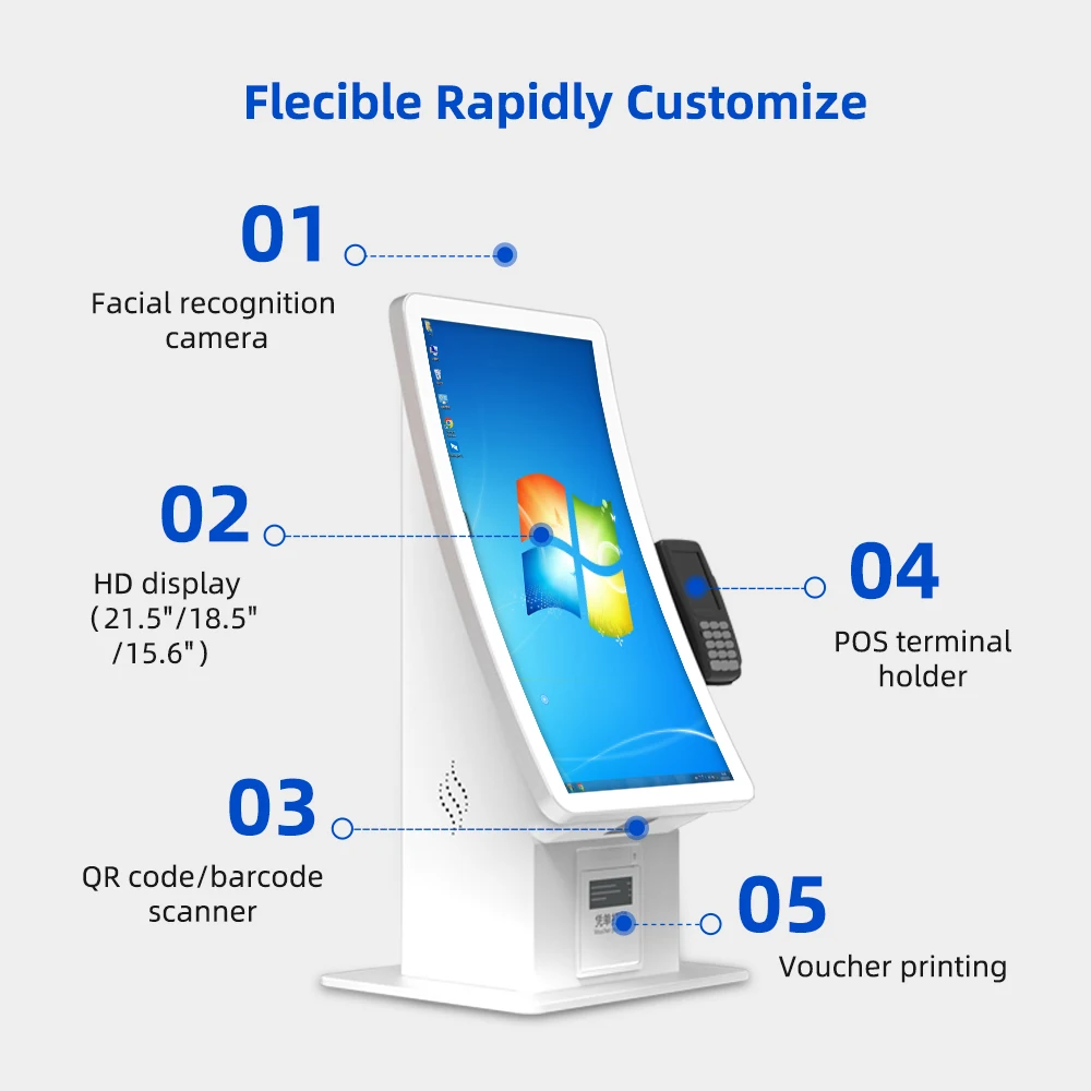 Desktop white 23.6' curved screen capacitive touch hd display facial recognition nfc/rfid card reader self service kiosk
