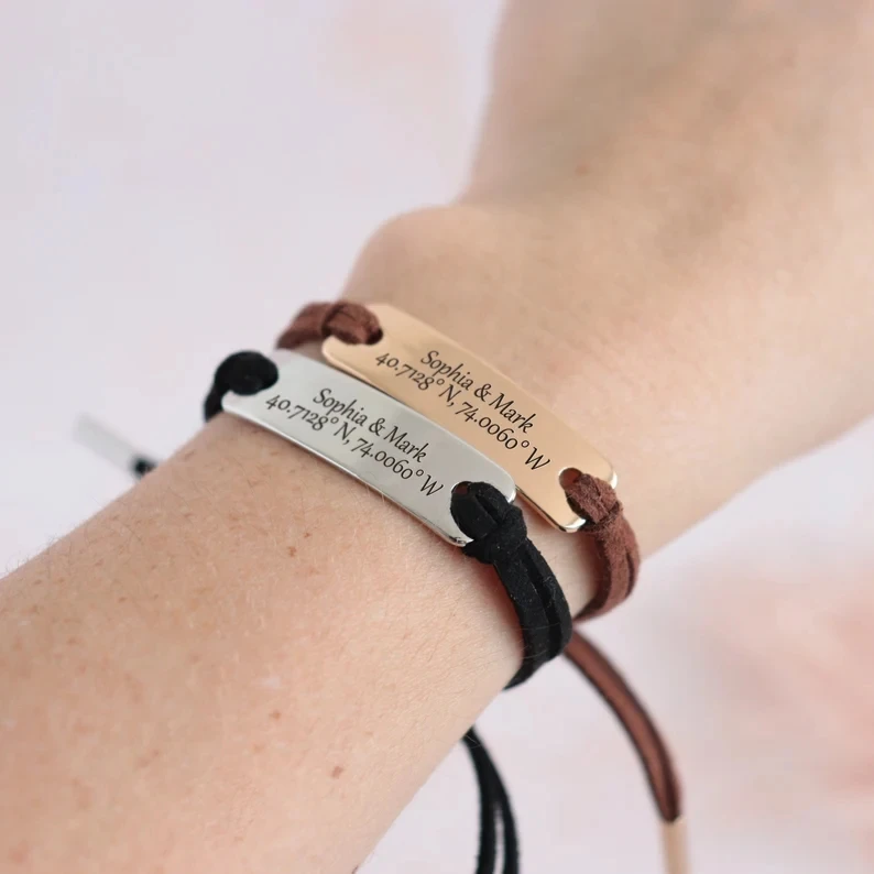Fashion Stainless steel Jewelry Couples Cord Leather Bracelet Personalized Custom Text Name Friendship Bracelets For Lover