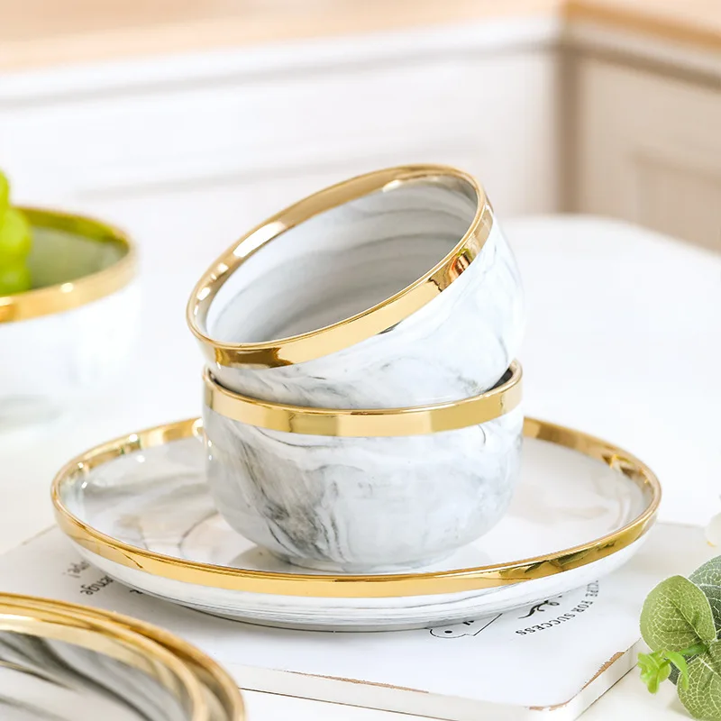 Gold marble dishes and plates set modern fine bone china porcelain ceramic luxury plates dinnerware sets for restaurant home