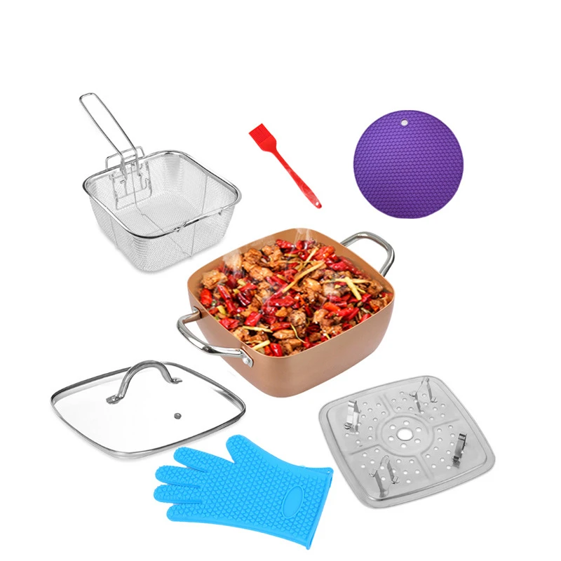 Customized size printing logo Wok 4 Set Frying Pan Copper non-stick pan  Double bottom Flat bottom 24cmSquare Pot