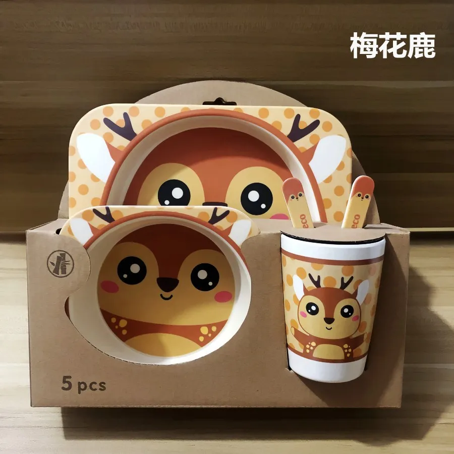 Wholesale 26 Paragraph Cartoon Animal Shape Dinner Baby Plates 5-piece Bamboo Fiber Dinner Plate Divided For Children Set