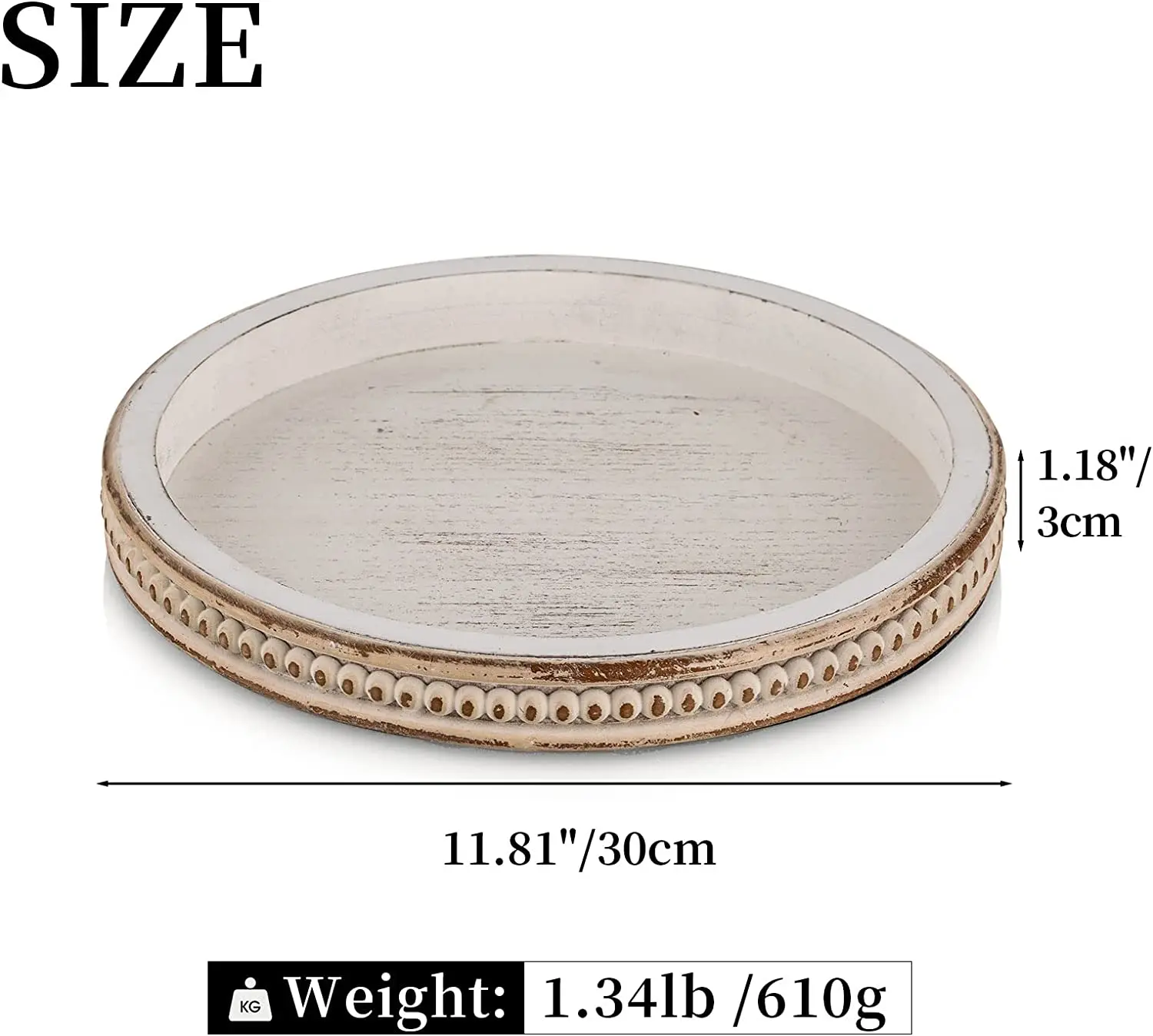 Wooden tray Round: White wash bead tray suitable for coffee table centerpiece decoration living room bathroom storage rack
