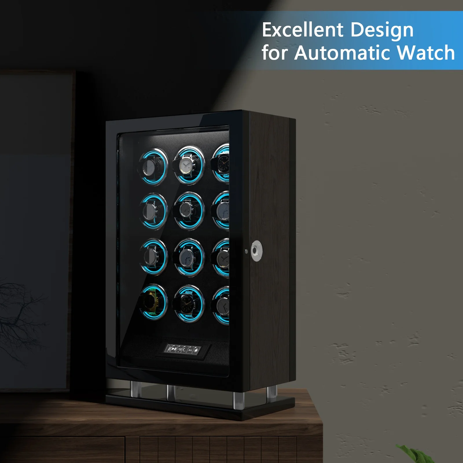 China Modern Luxury Leather Watch Winder Box Automatic 12 Slots Fingerprint Watch Winder Vault with RGB Light