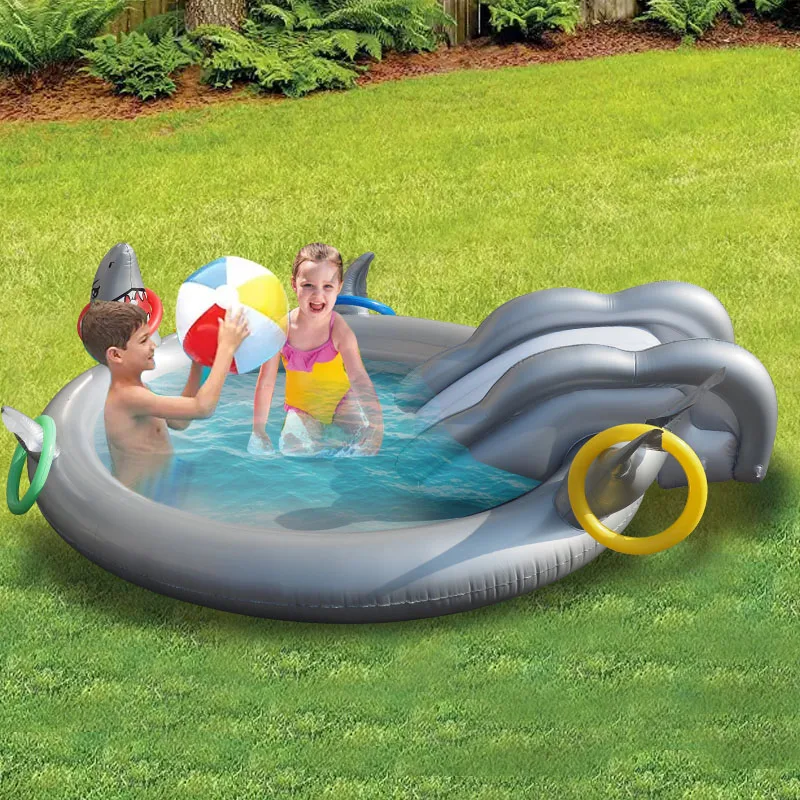New Design Inflatable Shark Design Play Center Swimming Pool Sprinkler Pool With Slide Toddler Splash Sprinkle Pad