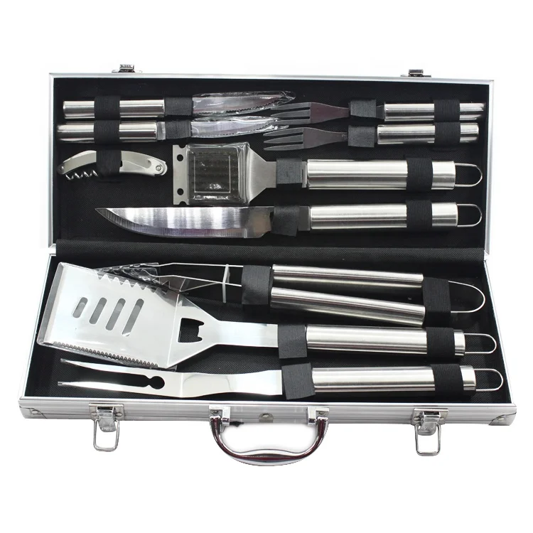 10 шт. набор из нержавеющей стали для барбекю, вилка, шпатель, щипцы, нож, чистящая щетка, вилка для стейка, нож для стейка и Открыватель в алюминиевом корпусе