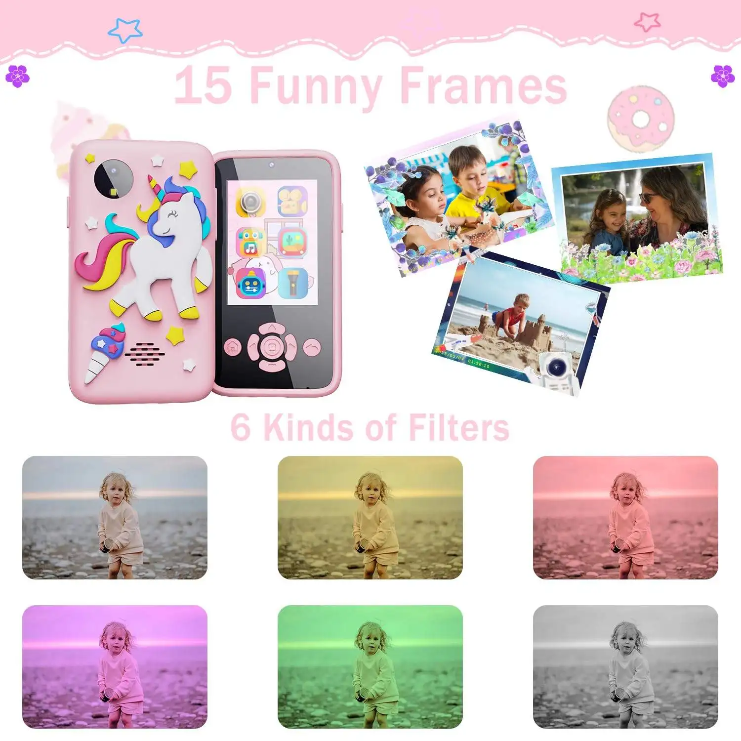 2024 New Children Unicorn  Smart Touch Phone Toy Cross-Mirror Mini Cartoon Digital Phone 2.8 Inch HD Toys Wholesale
