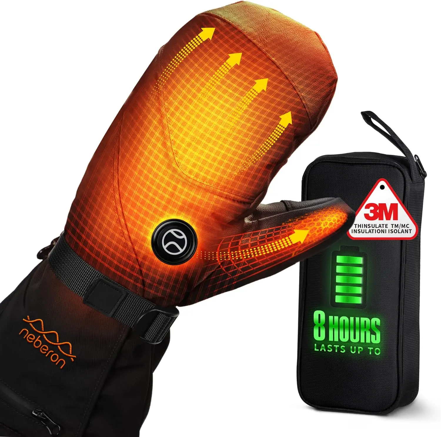 Neberon Heated Mittens for Men Women, Long Lasting Up to 8H Rechargeable Electric Battery Heated Gloves for Ski Snowboarding